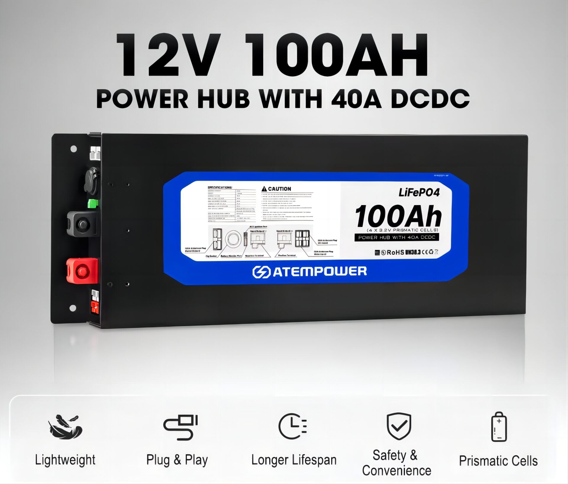 Atem Power 12V 100Ah Slimline Lithium Battery Built-in 40A DC to DC Charger