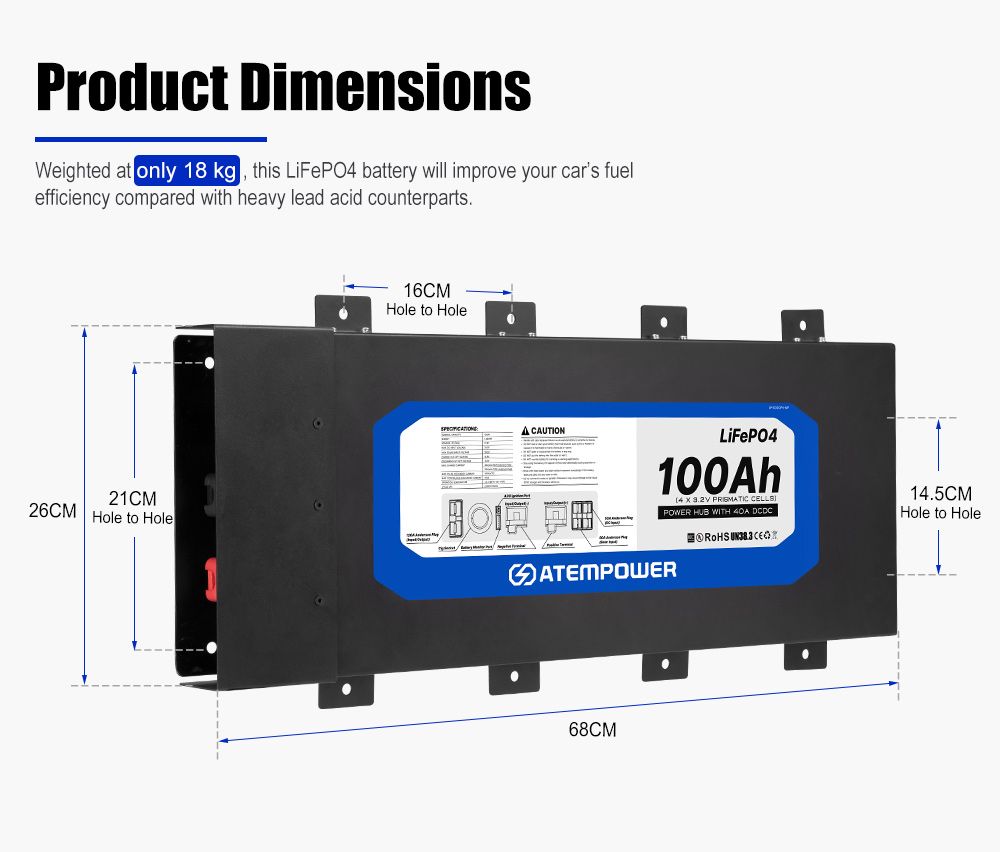 Atem Power 12V 100Ah Slimline Lithium Battery Built-in 40A DC to DC Charger