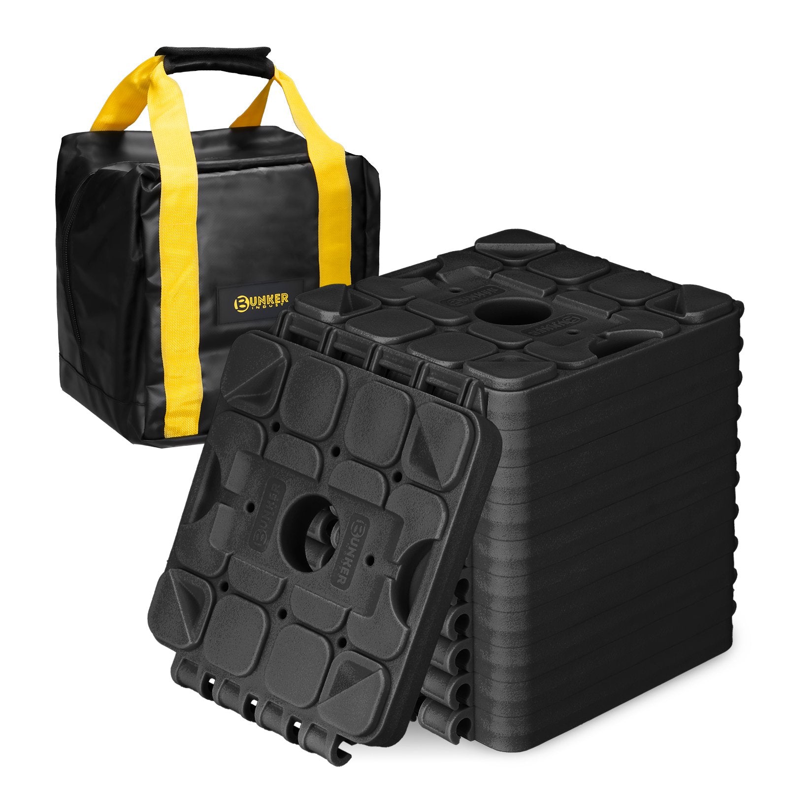 BUNKER INDUST RV Leveling Blocks – 10 Pack Stackable Jack Blocks with Interlocking Design & Carry Bag for Camper, Trailer & Wheels Stabilization (Black)