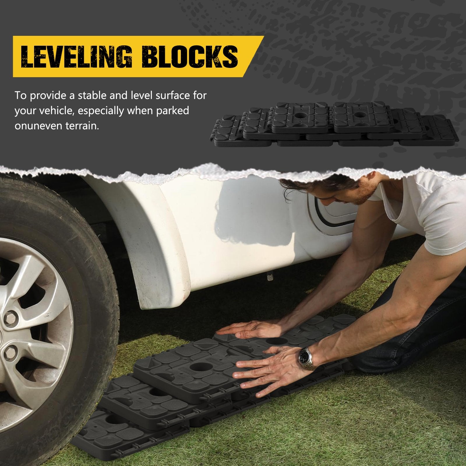 BUNKER INDUST RV Leveling Blocks – 10 Pack Stackable Jack Blocks with Interlocking Design & Carry Bag for Camper, Trailer & Wheels Stabilization (Black)