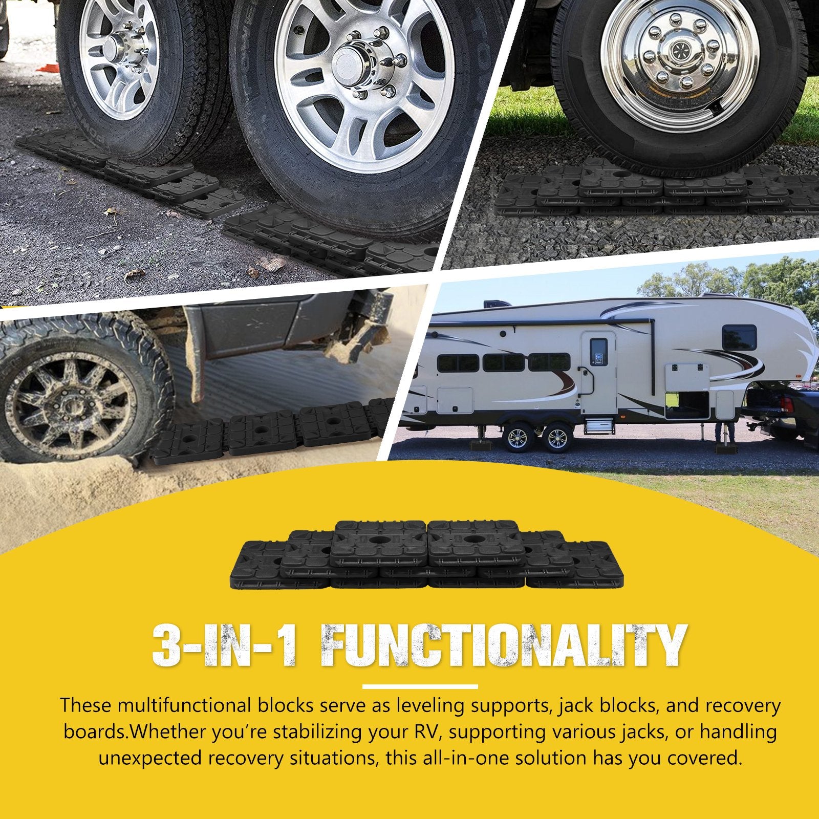 BUNKER INDUST RV Leveling Blocks – 10 Pack Stackable Jack Blocks with Interlocking Design & Carry Bag for Camper, Trailer & Wheels Stabilization (Black)