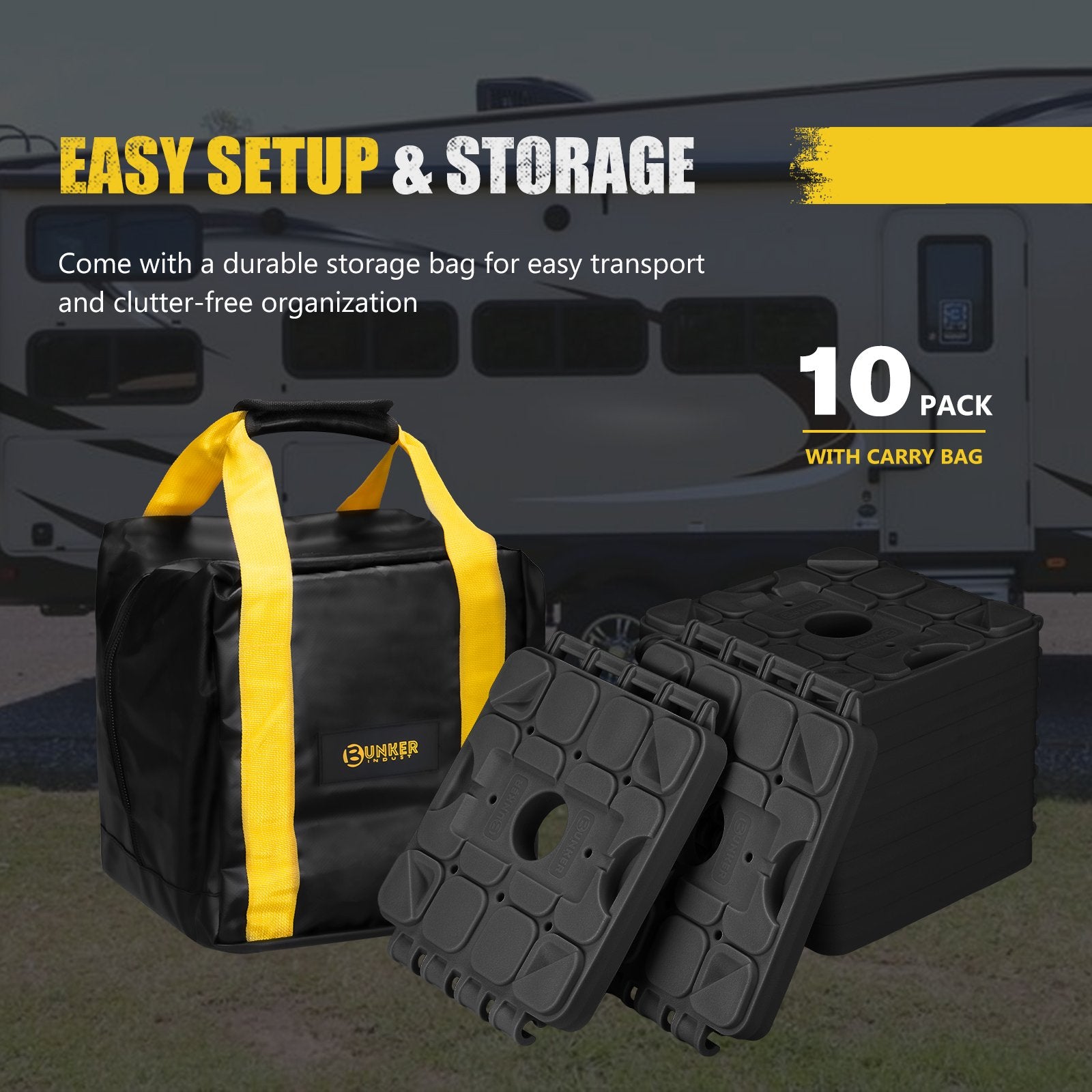 BUNKER INDUST RV Leveling Blocks – 10 Pack Stackable Jack Blocks with Interlocking Design & Carry Bag for Camper, Trailer & Wheels Stabilization (Black)