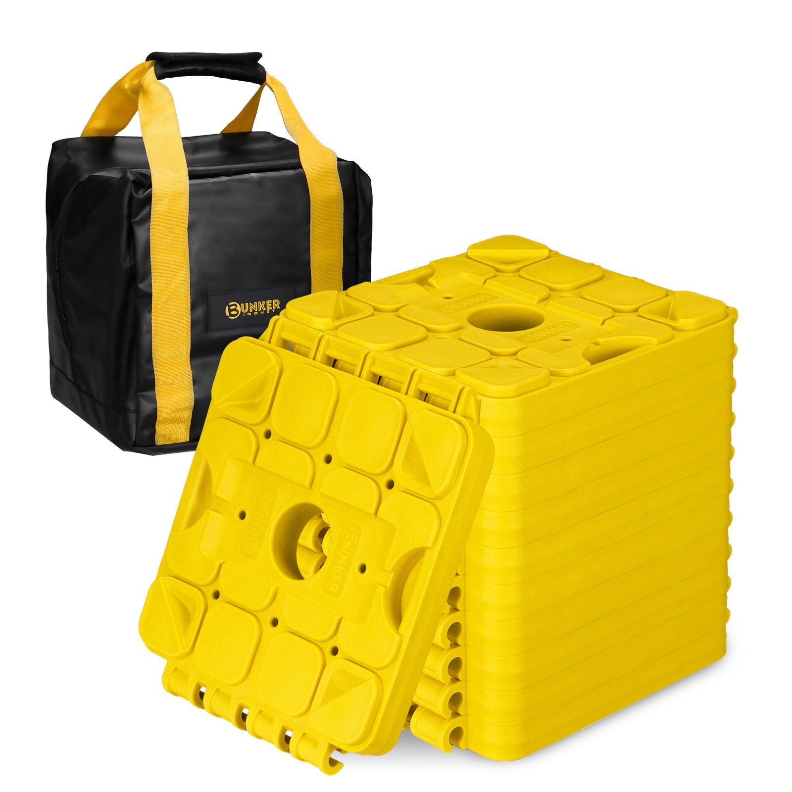 BUNKER INDUST RV Leveling Blocks – 10 Pack Stackable Jack Blocks with Interlocking Design & Carry Bag for Camper, Trailer & Wheels Stabilization (Yellow)