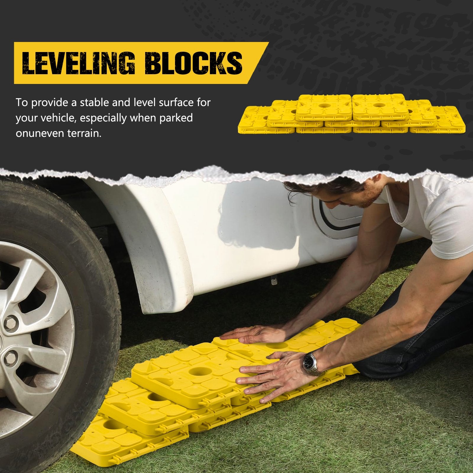 BUNKER INDUST RV Leveling Blocks – 10 Pack Stackable Jack Blocks with Interlocking Design & Carry Bag for Camper, Trailer & Wheels Stabilization (Yellow)