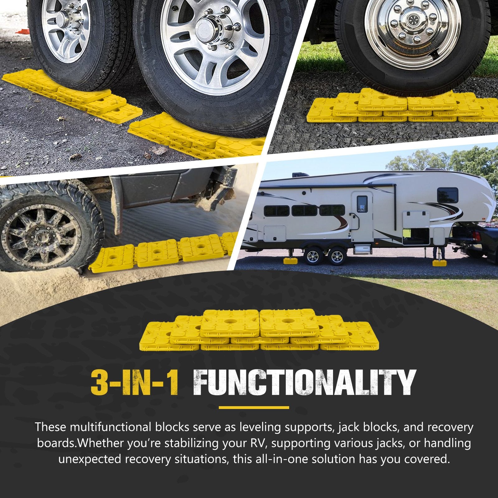 BUNKER INDUST RV Leveling Blocks – 10 Pack Stackable Jack Blocks with Interlocking Design & Carry Bag for Camper, Trailer & Wheels Stabilization (Yellow)