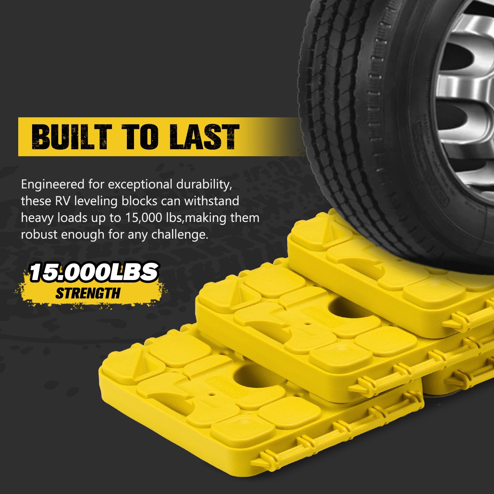 BUNKER INDUST RV Leveling Blocks – 10 Pack Stackable Jack Blocks with Interlocking Design & Carry Bag for Camper, Trailer & Wheels Stabilization (Yellow)