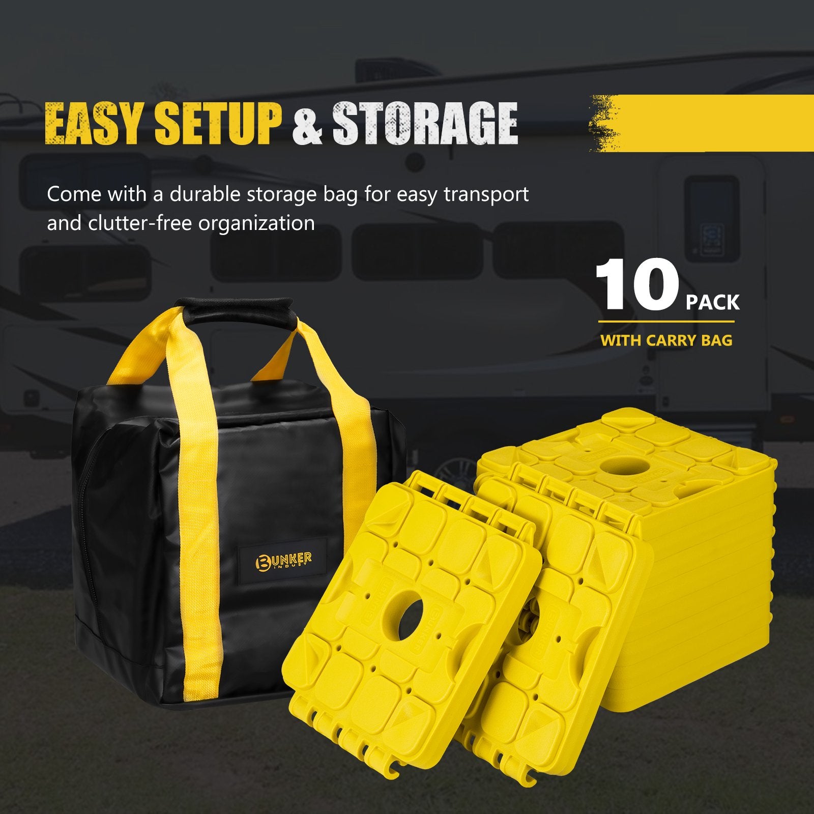 BUNKER INDUST RV Leveling Blocks – 10 Pack Stackable Jack Blocks with Interlocking Design & Carry Bag for Camper, Trailer & Wheels Stabilization (Yellow)