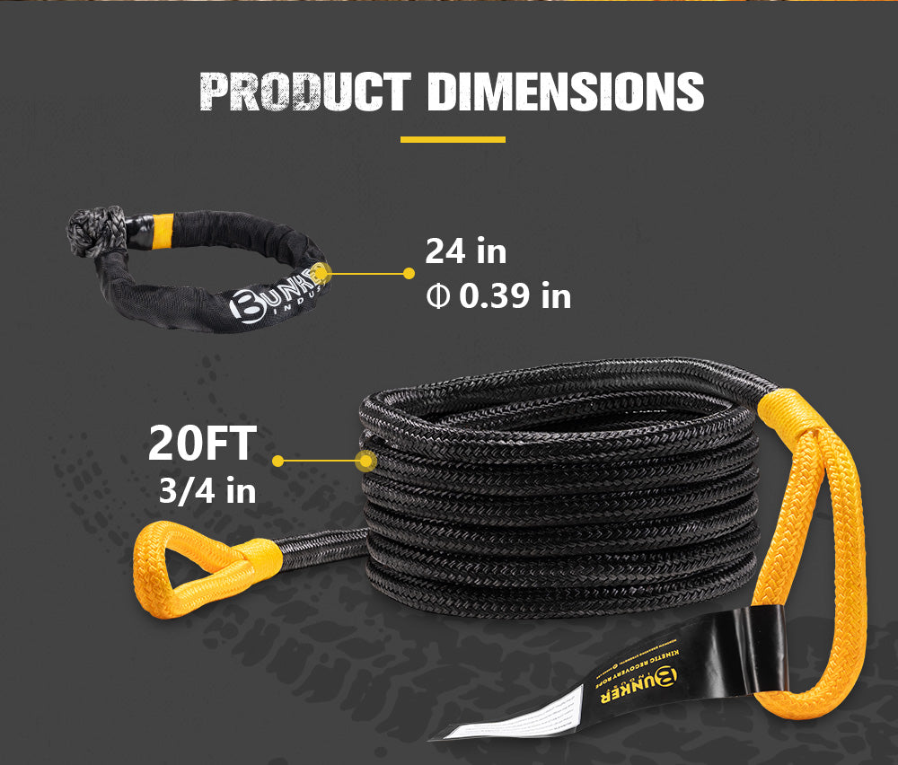BUNKER INDUST 3/4''x20FT 18700LBS Heavy Duty Offroad Towing Rope Kinetic Recovery Rope for ATVs UTVs 4x4s