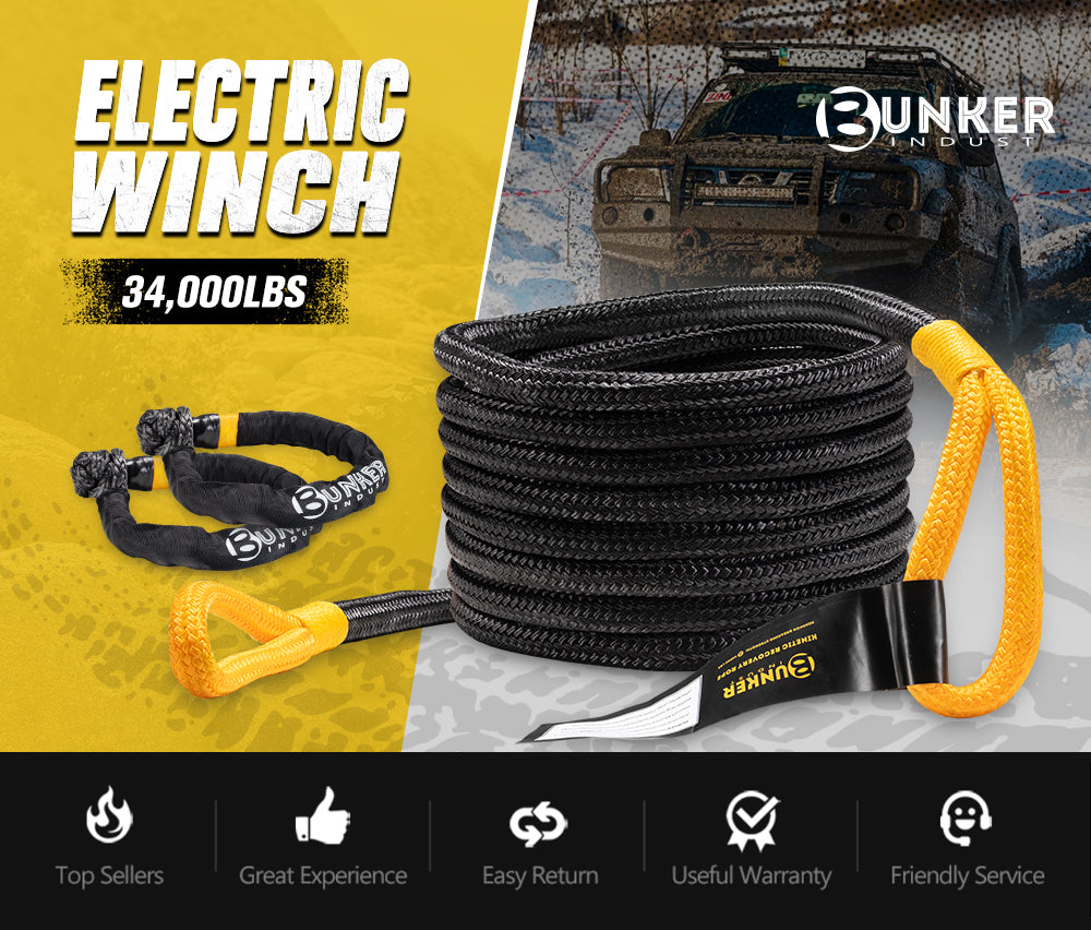 BUNKER INDUST 1''x30FT 34000LBS Kinetic Recovery Tow Rope Stretch Snatch Strap Vehicle Tow Rope With Soft Shackles