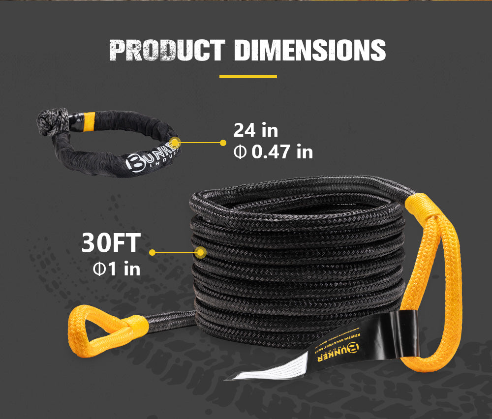 BUNKER INDUST 1''x30FT 34000LBS Kinetic Recovery Tow Rope Stretch Snatch Strap Vehicle Tow Rope With Soft Shackles