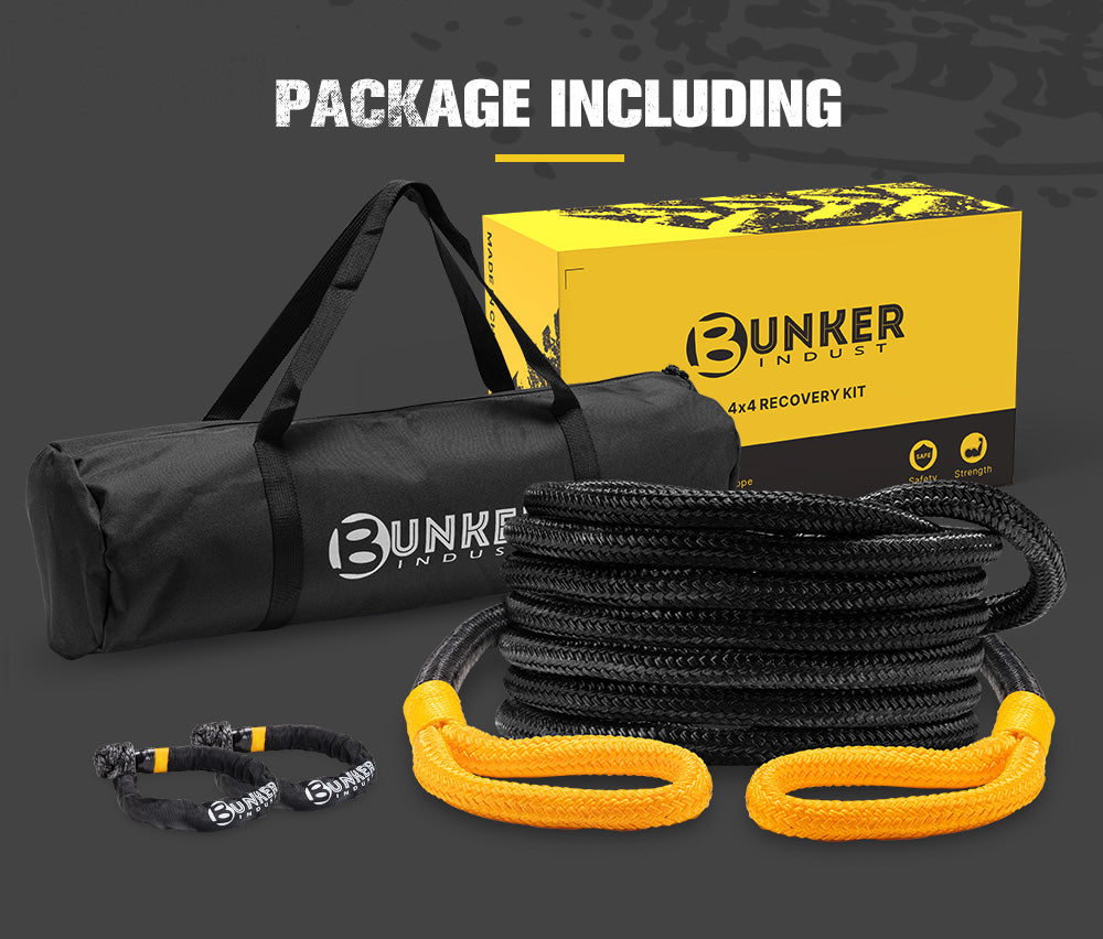 BUNKER INDUST 1''x30FT 34000LBS Kinetic Recovery Tow Rope Stretch Snatch Strap Vehicle Tow Rope With Soft Shackles