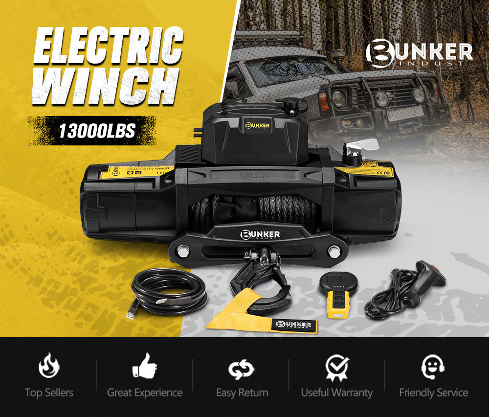 Bunker Indust 12V Electric Winch 13000LBS/5897KGS Synthetic Rope Wireless Remote