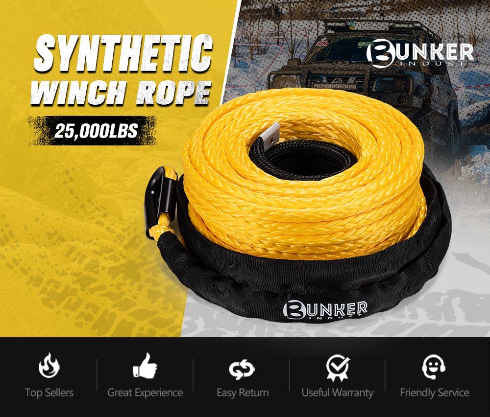 BUNKER INDUST 3/8" x 100' Synthetic Winch Rope,25000LBS Winch Cable with Protective Sleeve 100ft Winch Line Replacement for Off-Road Vehicle SUV Truck