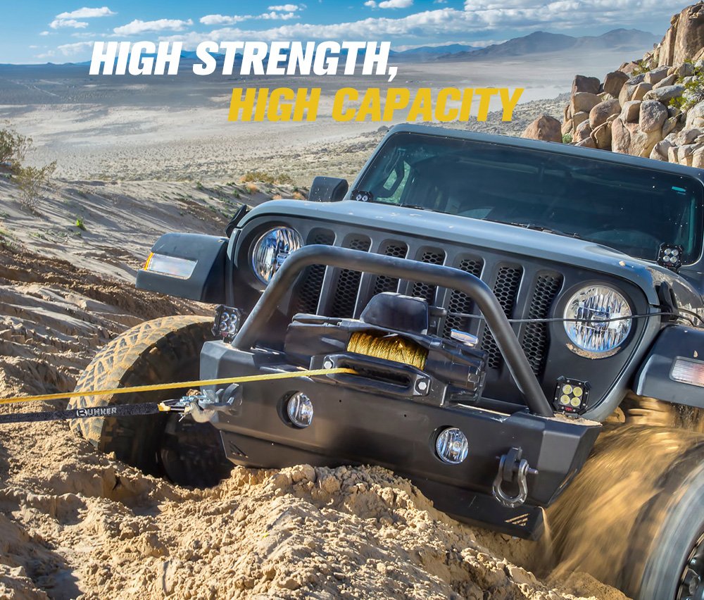 BUNKER INDUST 3/8" x 100' Synthetic Winch Rope,25000LBS Winch Cable with Protective Sleeve 100ft Winch Line Replacement for Off-Road Vehicle SUV Truck