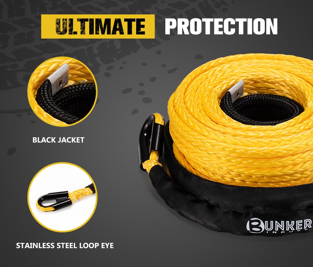 BUNKER INDUST 3/8" x 100' Synthetic Winch Rope,25000LBS Winch Cable with Protective Sleeve 100ft Winch Line Replacement for Off-Road Vehicle SUV Truck