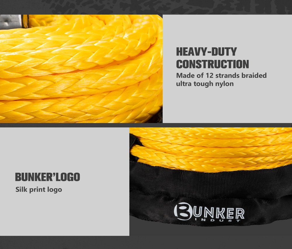 BUNKER INDUST 3/8" x 100' Synthetic Winch Rope,25000LBS Winch Cable with Protective Sleeve 100ft Winch Line Replacement for Off-Road Vehicle SUV Truck