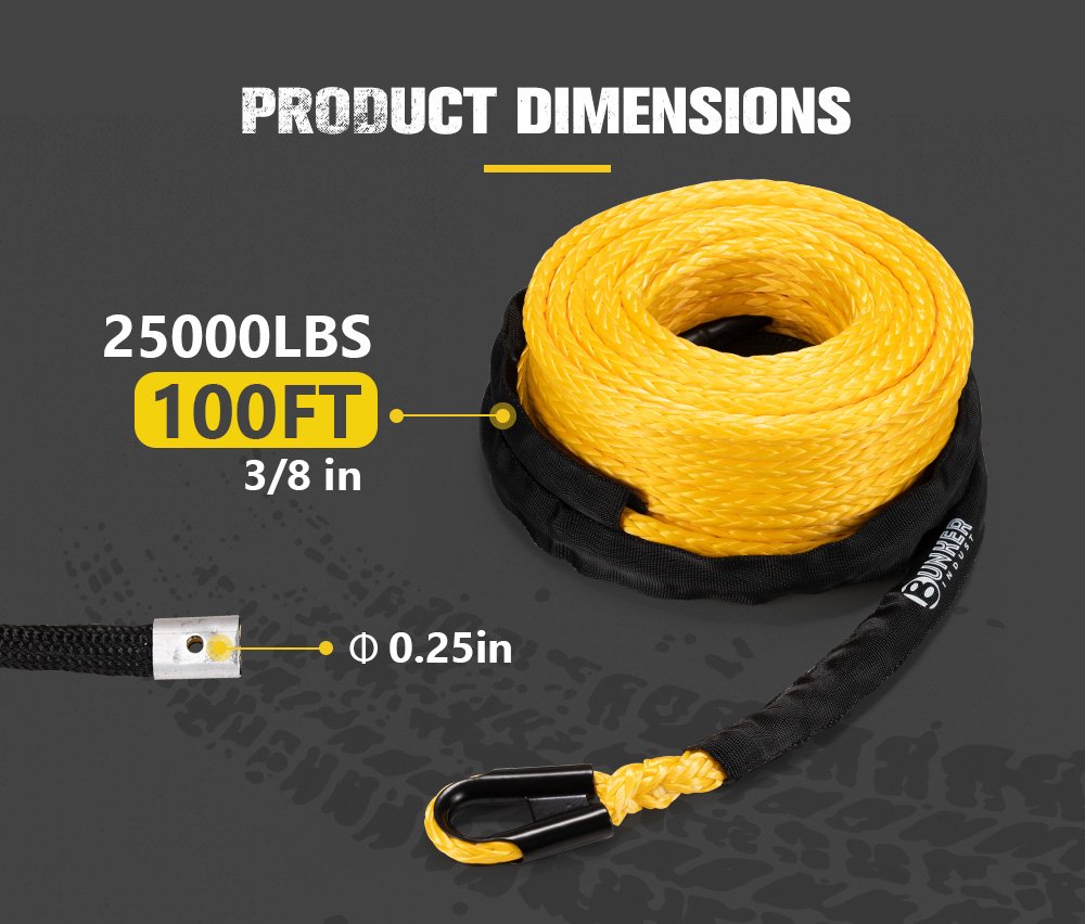 BUNKER INDUST 3/8" x 100' Synthetic Winch Rope,25000LBS Winch Cable with Protective Sleeve 100ft Winch Line Replacement for Off-Road Vehicle SUV Truck