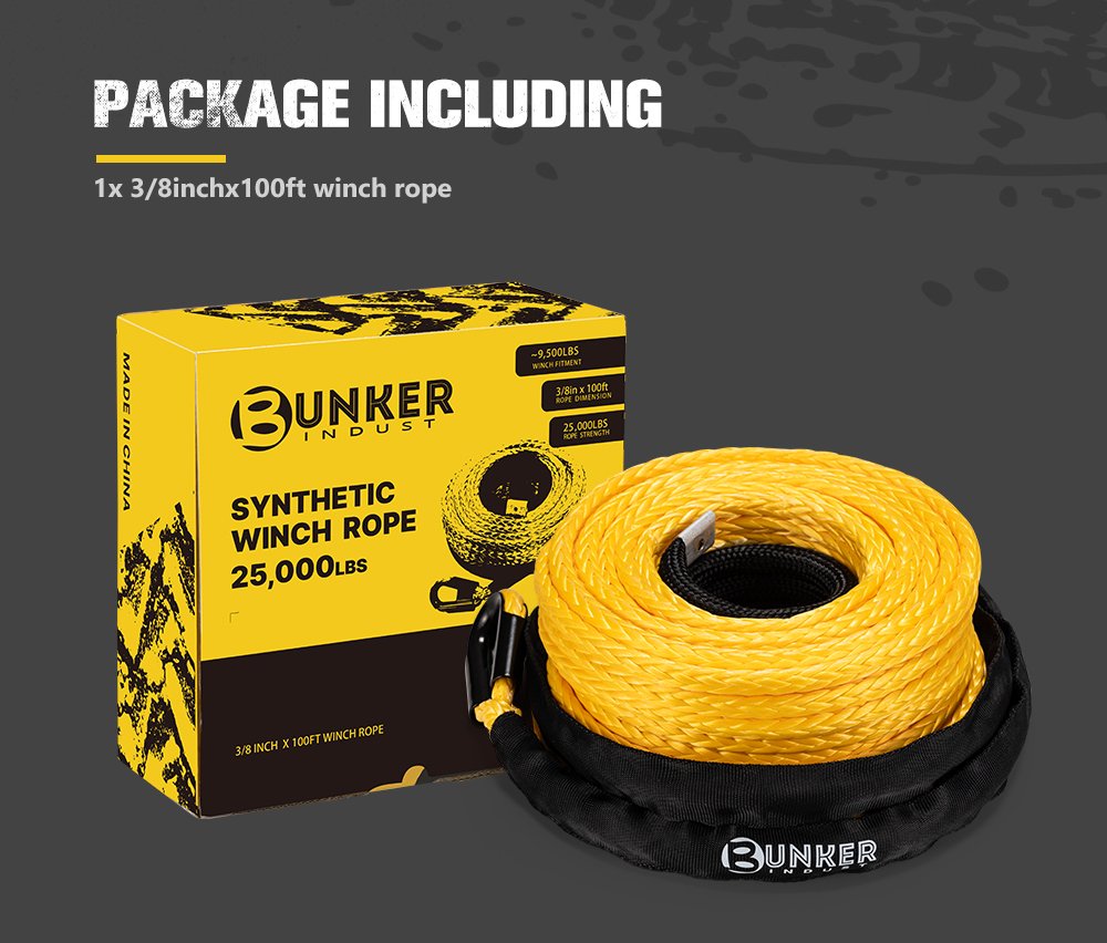 BUNKER INDUST 3/8" x 100' Synthetic Winch Rope,25000LBS Winch Cable with Protective Sleeve 100ft Winch Line Replacement for Off-Road Vehicle SUV Truck