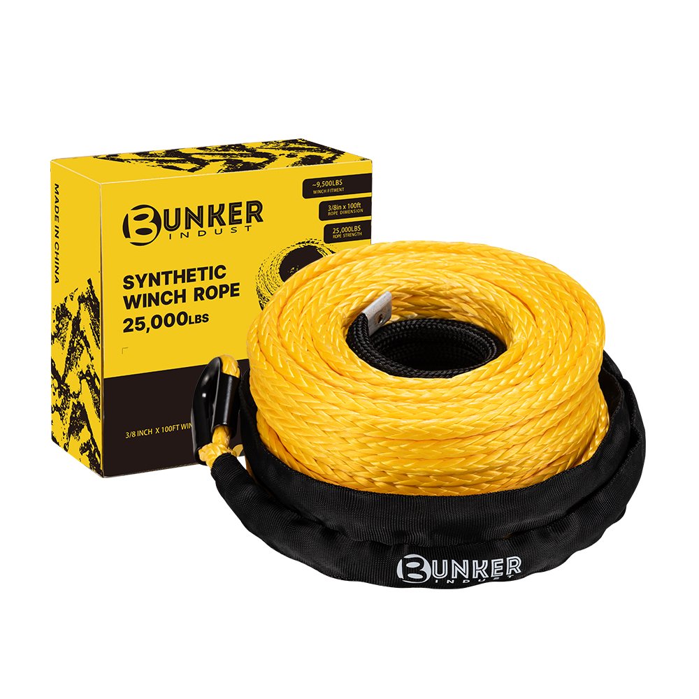 BUNKER INDUST 3/8" x 100' Synthetic Winch Rope,25000LBS Winch Cable with Protective Sleeve 100ft Winch Line Replacement for Off-Road Vehicle SUV Truck