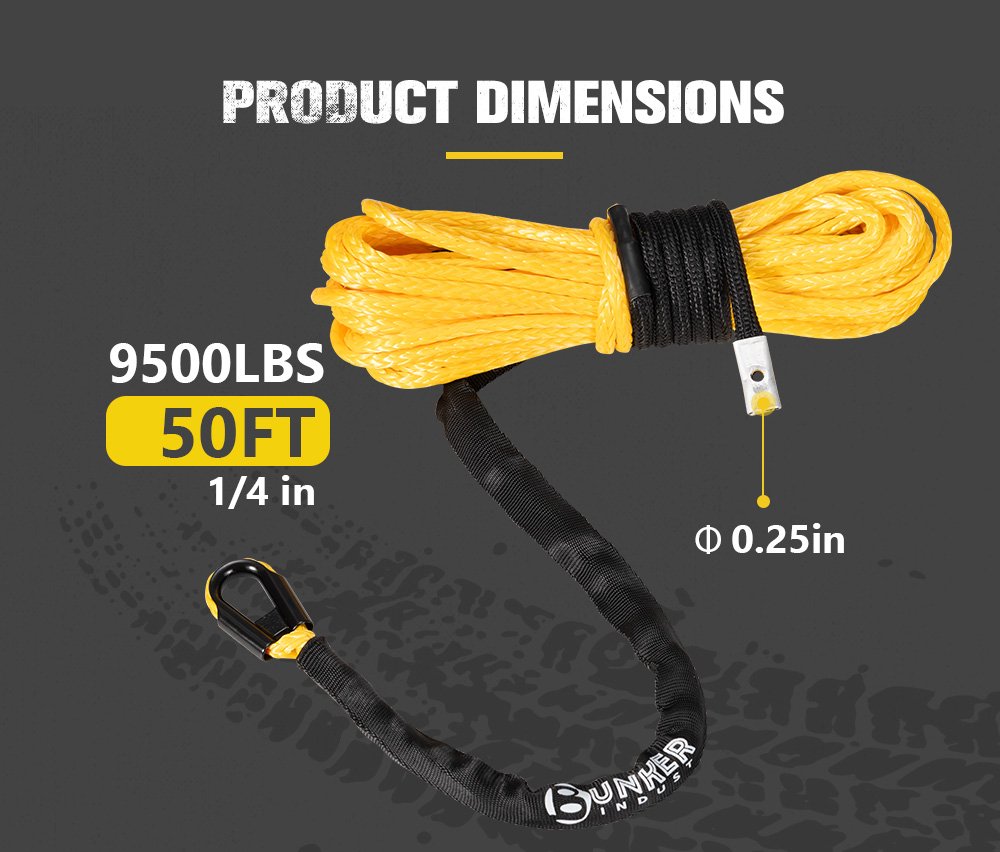 BUNKER INDUST 1/4" x 50' Synthetic Winch Rope,9500LBS ATV UTV Winch Cable with Protective Sleeve 50 FT Winch Line Replacement for 4500 to 6000LBS Winch
