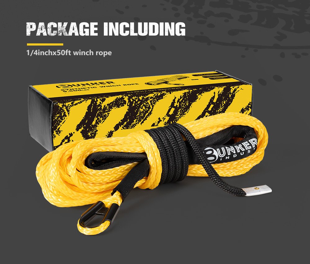BUNKER INDUST 1/4" x 50' Synthetic Winch Rope,9500LBS ATV UTV Winch Cable with Protective Sleeve 50 FT Winch Line Replacement for 4500 to 6000LBS Winch