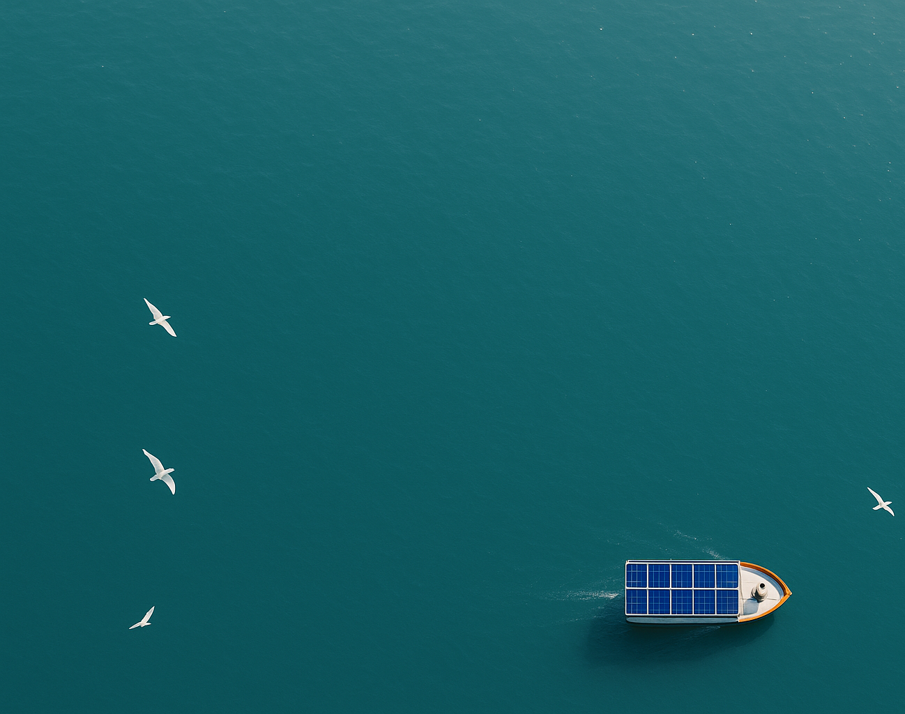 Boat with solar panels on a calm blue sea with birds flying overhead
