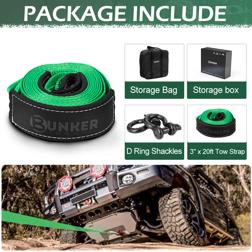 BUNKER INDUST 3" x 20ft 30,000 lbs Heavy Duty Snatch Strap+Pair 3/4 D Ring Shackles + Bag - Green