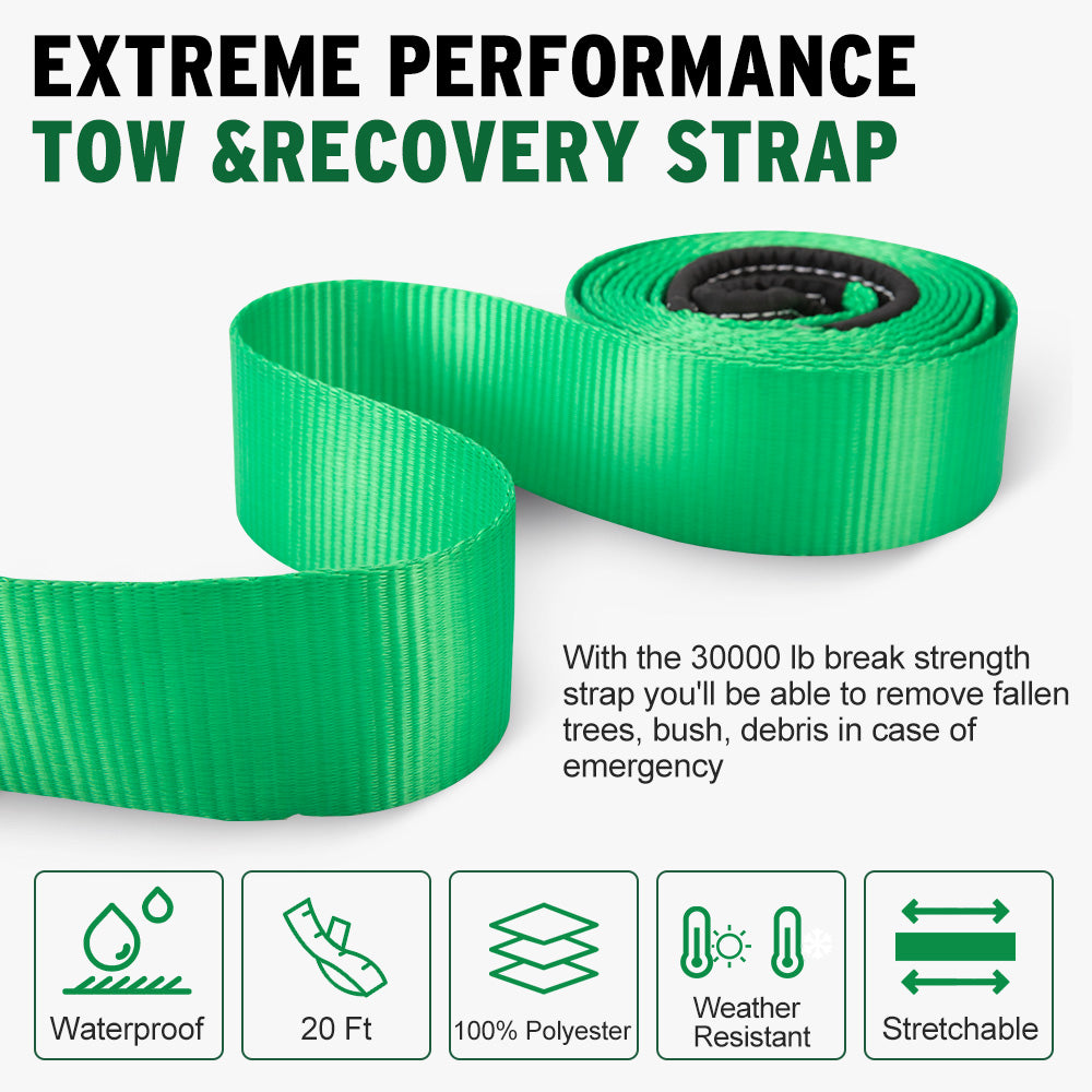 BUNKER INDUST 3" x 20ft 30,000 lbs Heavy Duty Snatch Strap+Pair 3/4 D Ring Shackles + Bag - Green