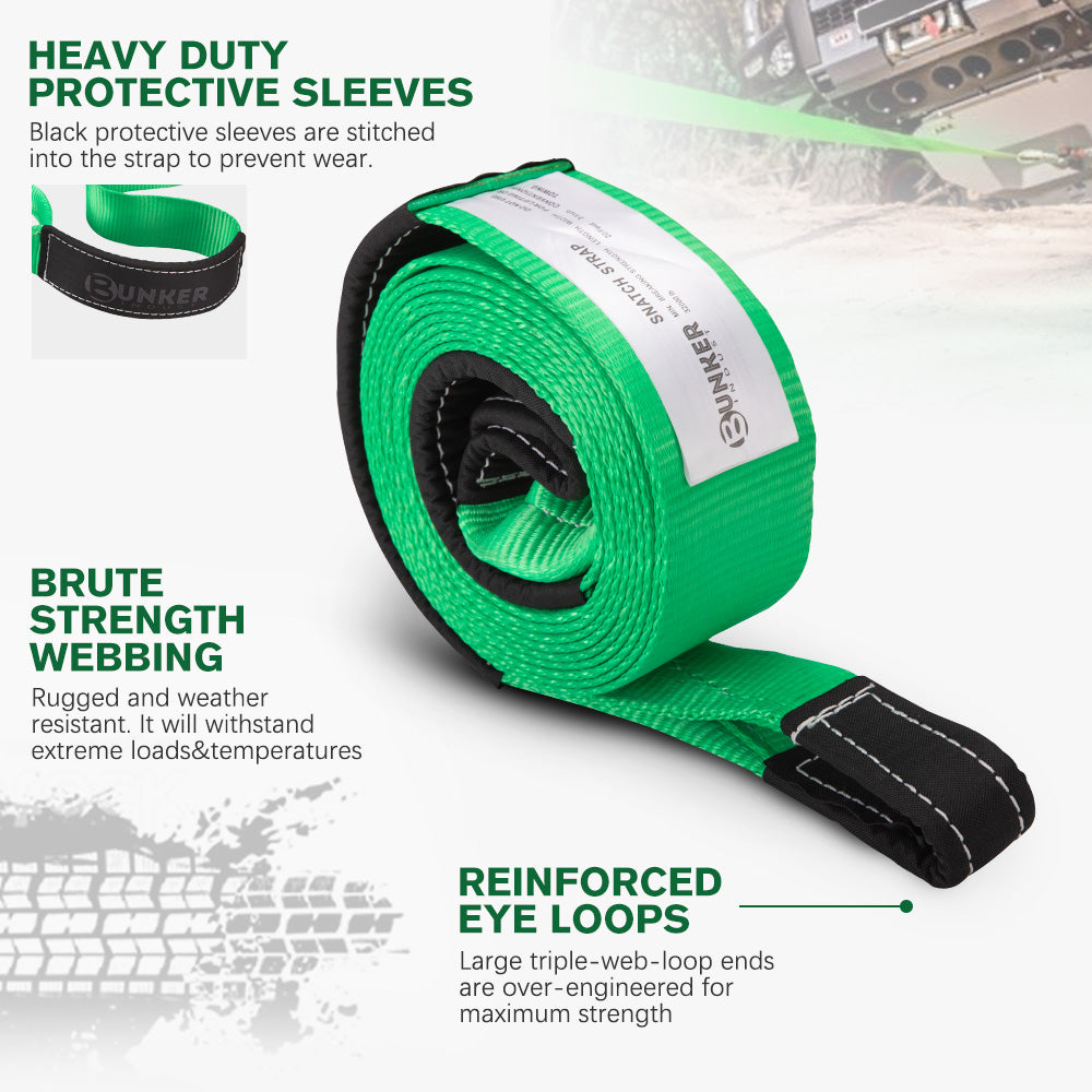 BUNKER INDUST 3" x 20ft 30,000 lbs Heavy Duty Snatch Strap+Pair 3/4 D Ring Shackles + Bag - Green