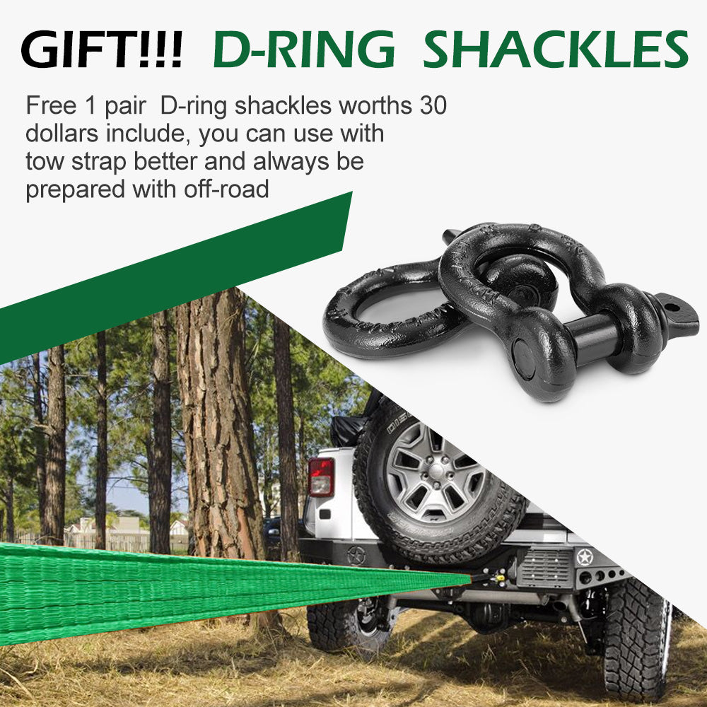 BUNKER INDUST 3" x 20ft 30,000 lbs Heavy Duty Snatch Strap+Pair 3/4 D Ring Shackles + Bag - Green