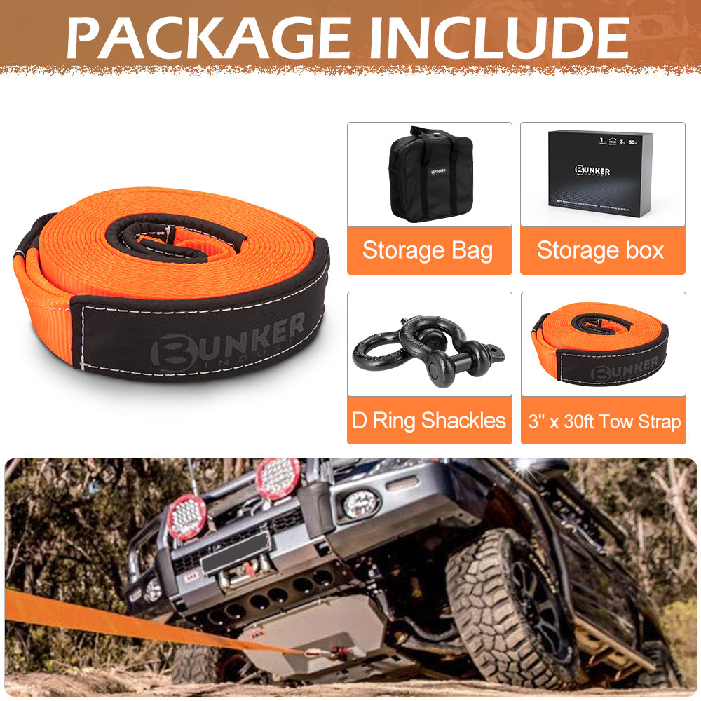 BUNKER INDUST 3" x 30ft 30,000 lbs Heavy Duty Snatch Strap+Pair 3/4 D Ring Shackles + Bag - Orange