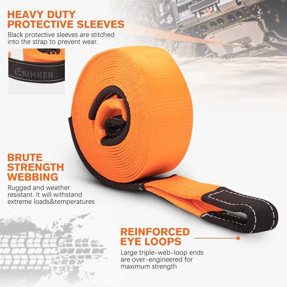 BUNKER INDUST 3" x 30ft 30,000 lbs Heavy Duty Snatch Strap+Pair 3/4 D Ring Shackles + Bag - Orange