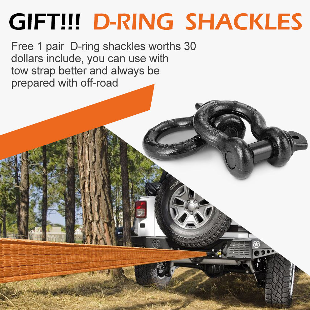 BUNKER INDUST 3" x 30ft 30,000 lbs Heavy Duty Snatch Strap+Pair 3/4 D Ring Shackles + Bag - Orange