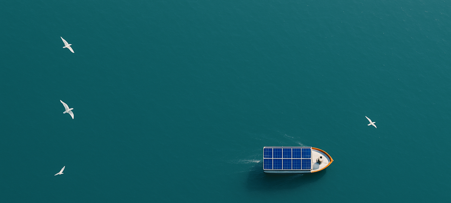 Boat with solar panels on a calm blue sea with birds flying overhead