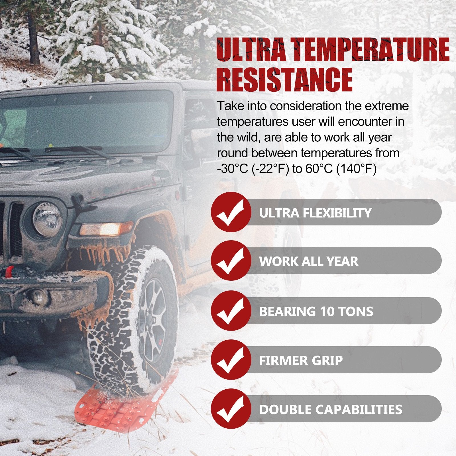 Bunker Indust Off-Road Traction Boards, 2 Pcs Recovery Tracks Traction Mat for 4X4 Jeep Mud, Sand, Snow Traction Ladder-Red Tire Traction Tool