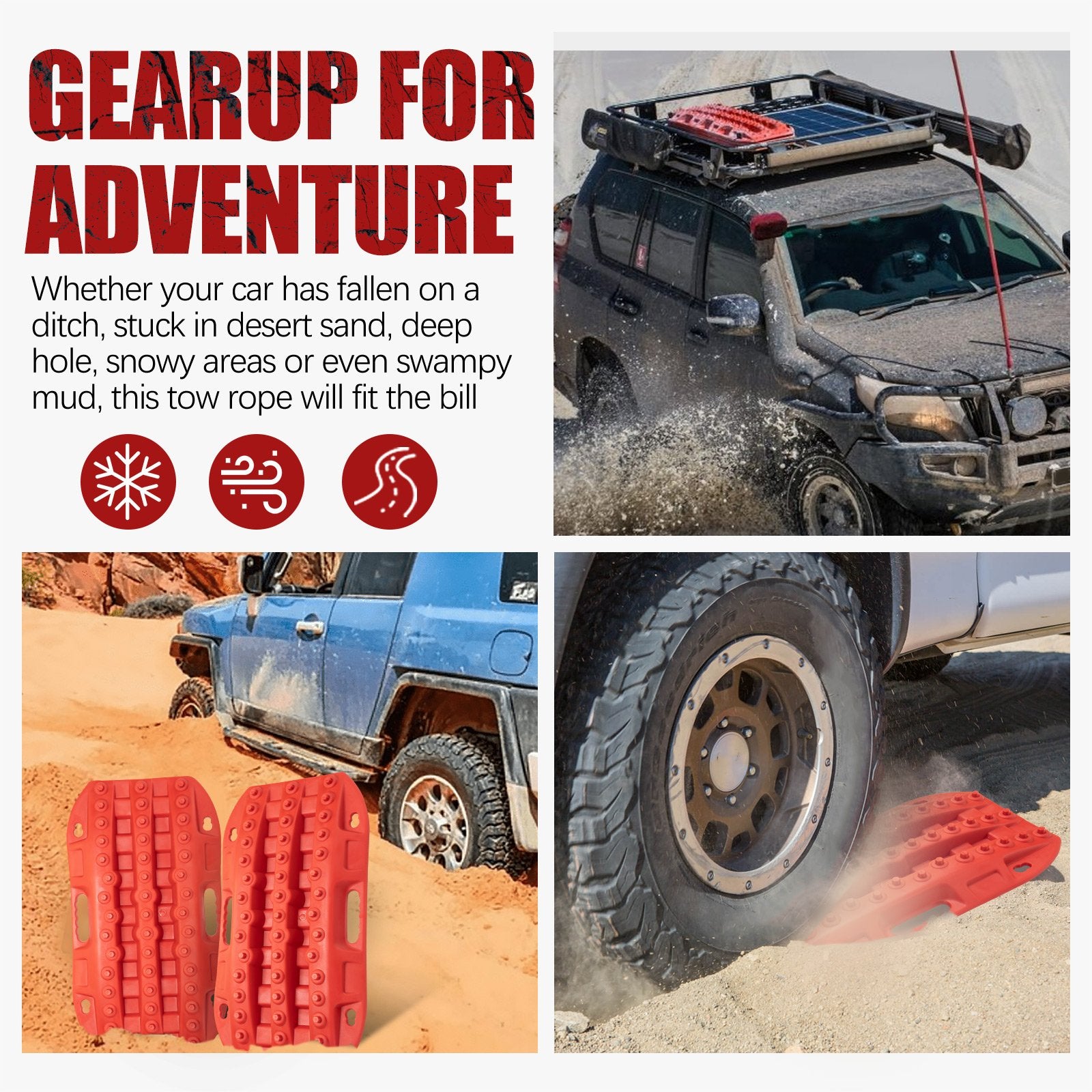 Bunker Indust Off-Road Traction Boards, 2 Pcs Recovery Tracks Traction Mat for 4X4 Jeep Mud, Sand, Snow Traction Ladder-Red Tire Traction Tool