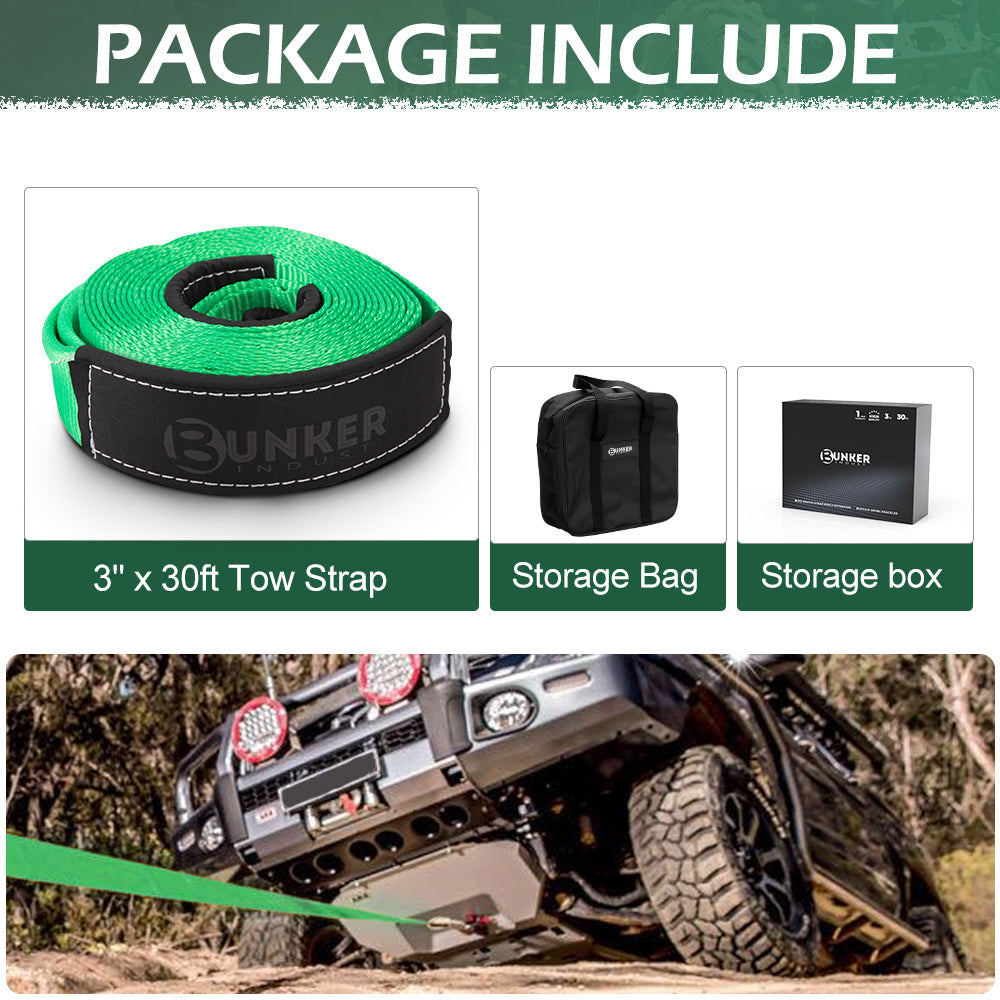 BUNKER INDUST 3" x 30ft 30,000 lbs Strength Recovery Car Towing Rope Emergency Tow Strap - Green