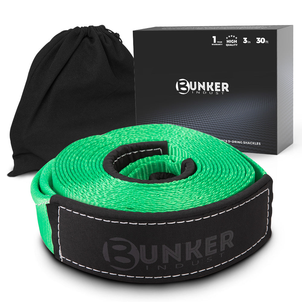 BUNKER INDUST 3" x 30ft 30,000 lbs Strength Recovery Car Towing Rope Emergency Tow Strap - Green