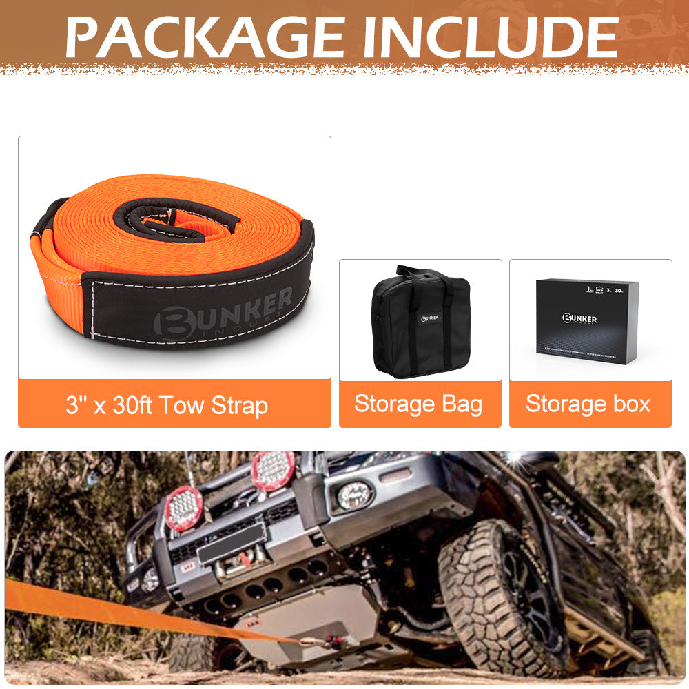 BUNKER INDUST 3" x 30ft 30,000 lbs Strength Recovery Car Towing Rope Emergency Tow Strap - Orange