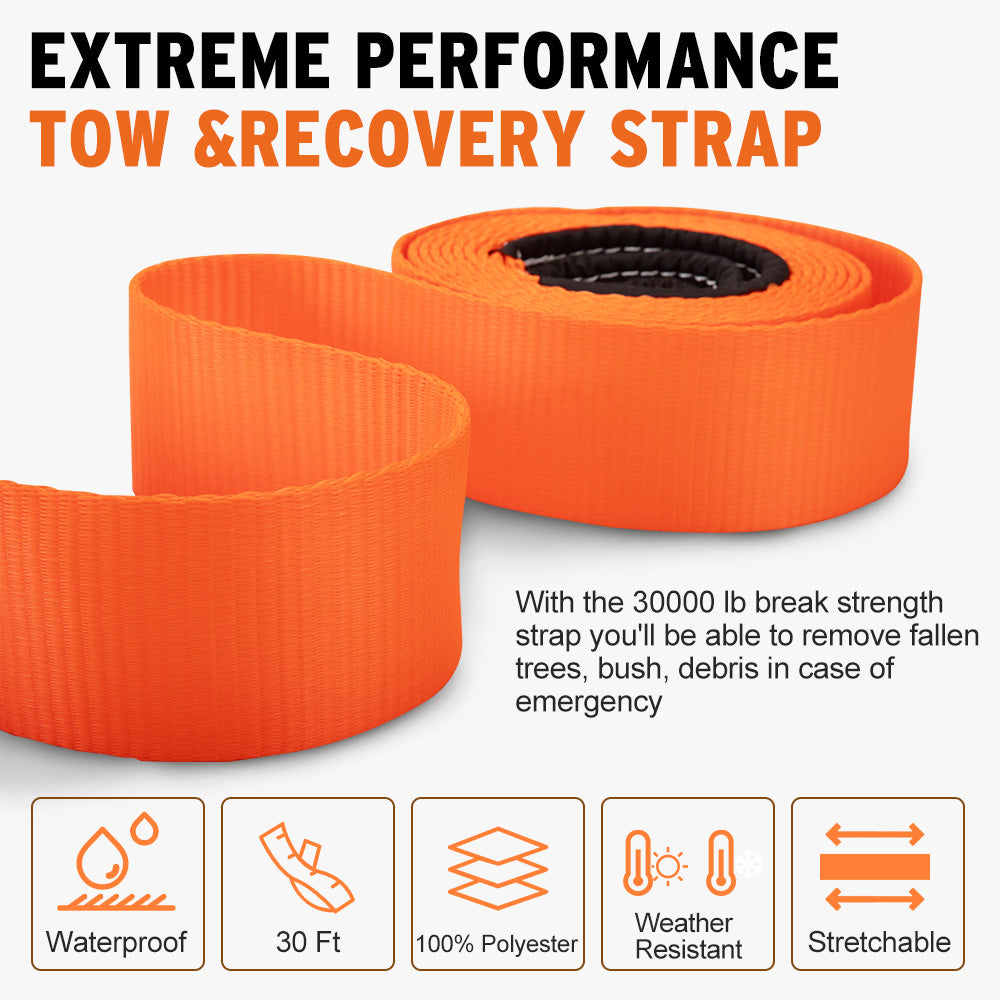 BUNKER INDUST 3" x 30ft 30,000 lbs Strength Recovery Car Towing Rope Emergency Tow Strap - Orange