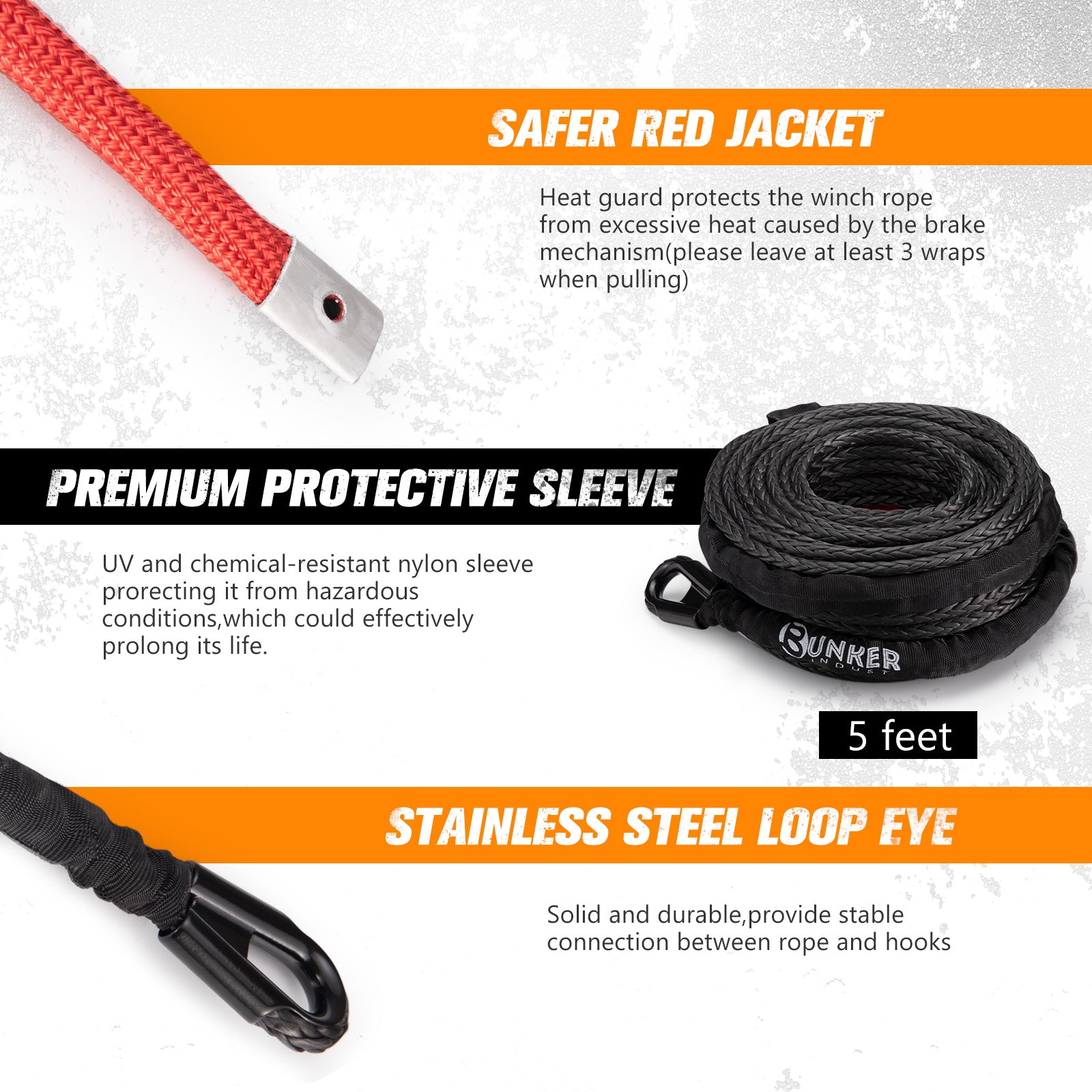 BUNKER INDUST Synthetic Winch Rope Kit,3/8" x 100' 23809LBS Winch Line Cable Replacement with Protective Sleeve+Winch Fairlead+Hook