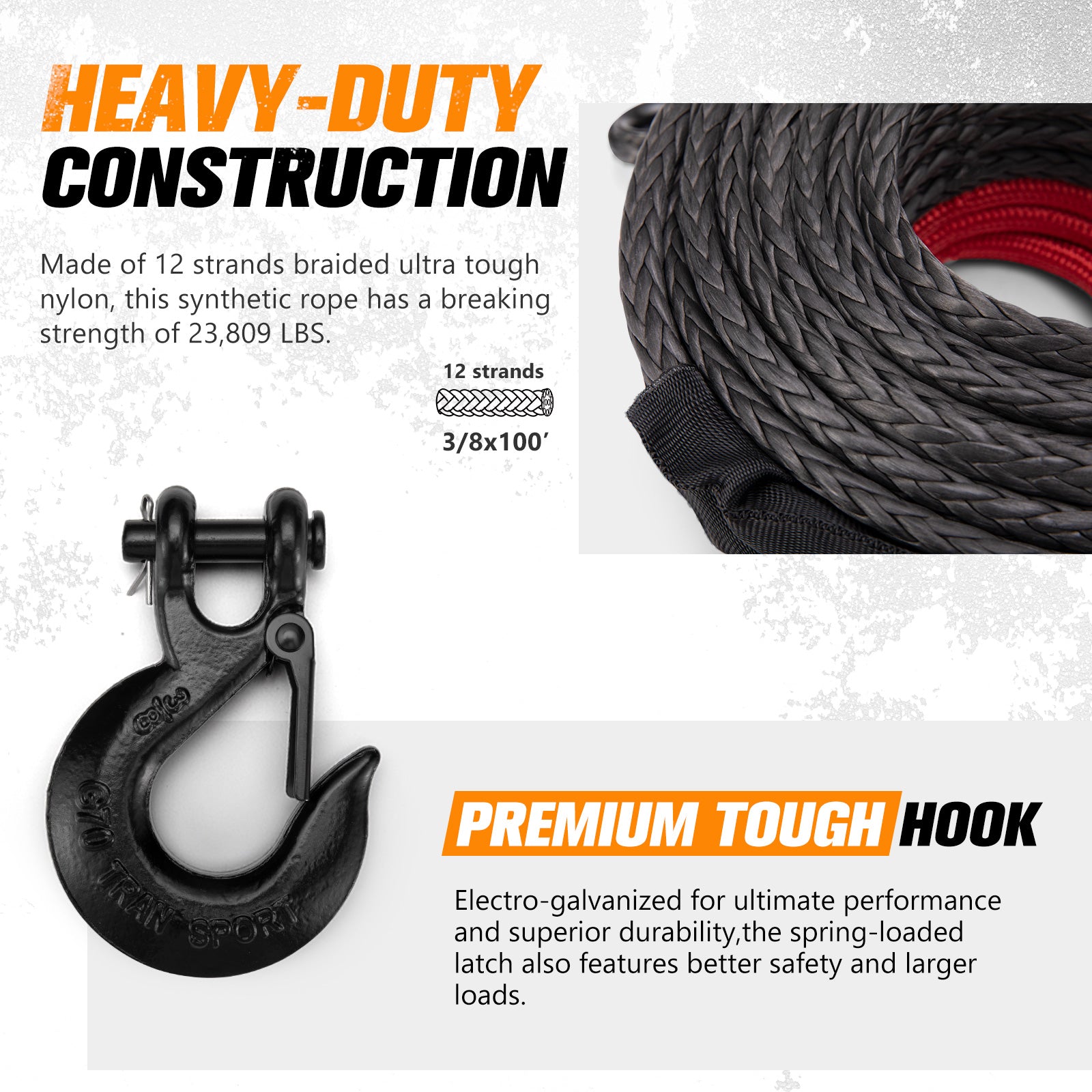 BUNKER INDUST Synthetic Winch Rope Kit,3/8" x 100' 23809LBS Winch Line Cable Replacement with Protective Sleeve+Winch Fairlead+Hook