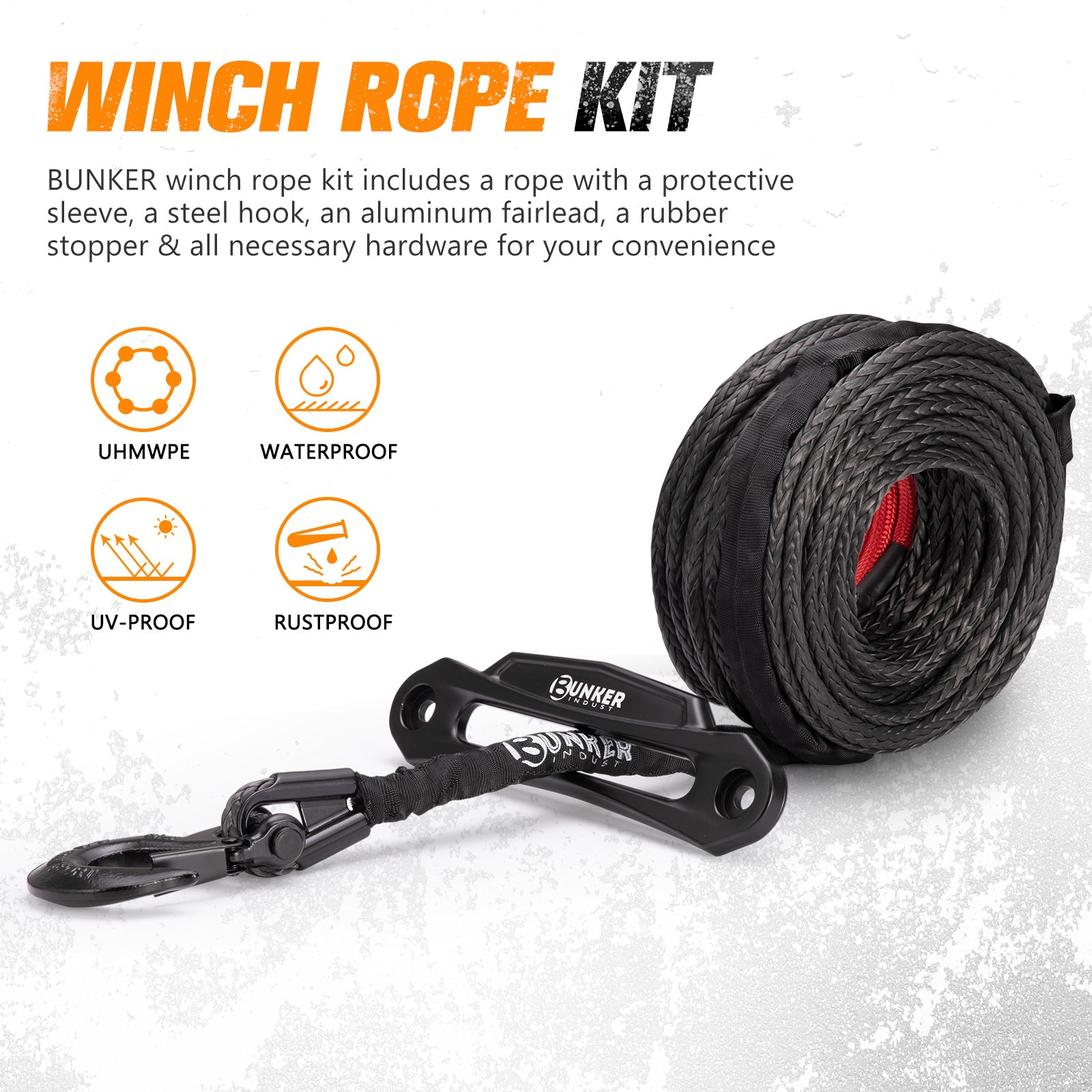 BUNKER INDUST Synthetic Winch Rope Kit,3/8" x 100' 23809LBS Winch Line Cable Replacement with Protective Sleeve+Winch Fairlead+Hook