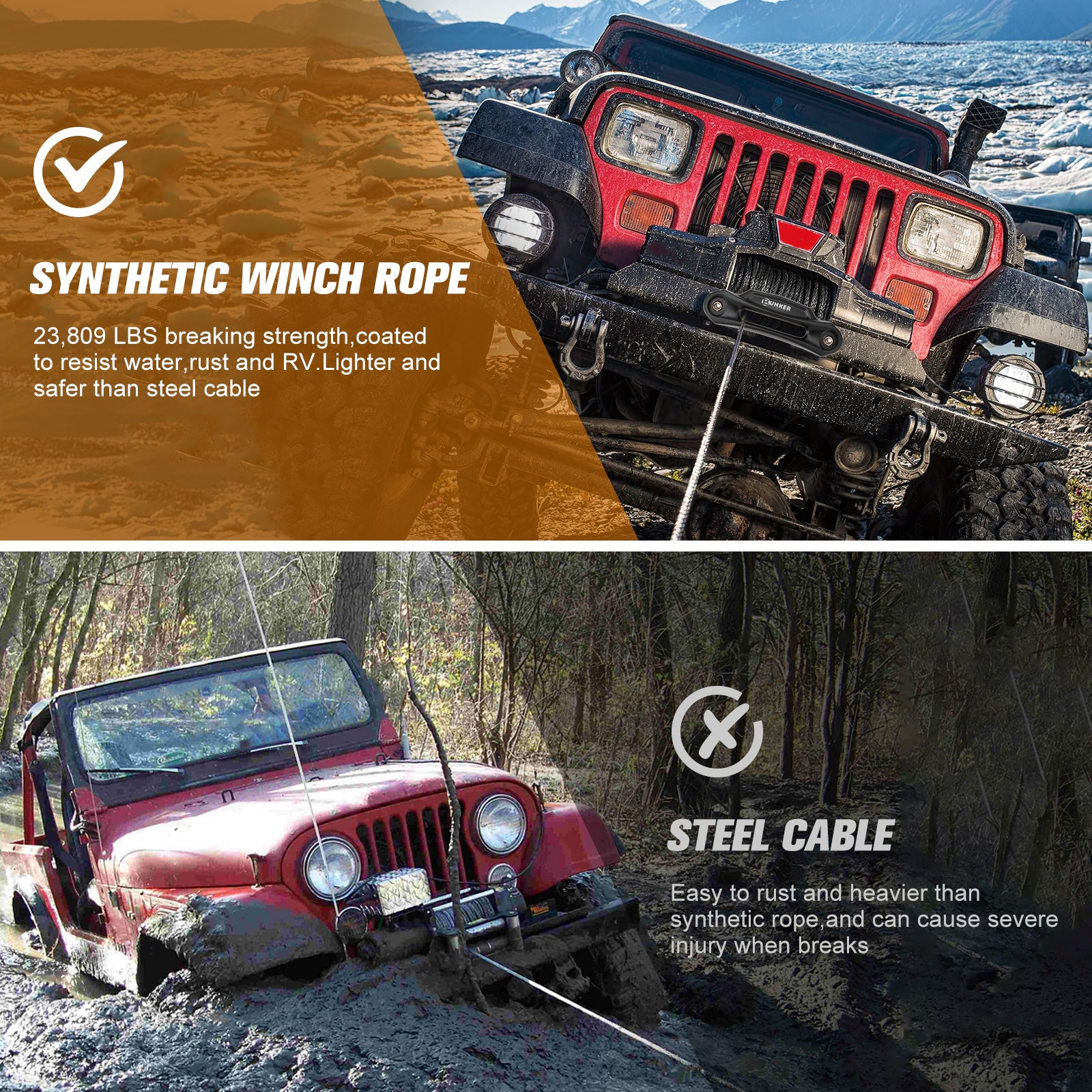 BUNKER INDUST Synthetic Winch Rope Kit,3/8" x 100' 23809LBS Winch Line Cable Replacement with Protective Sleeve+Winch Fairlead+Hook