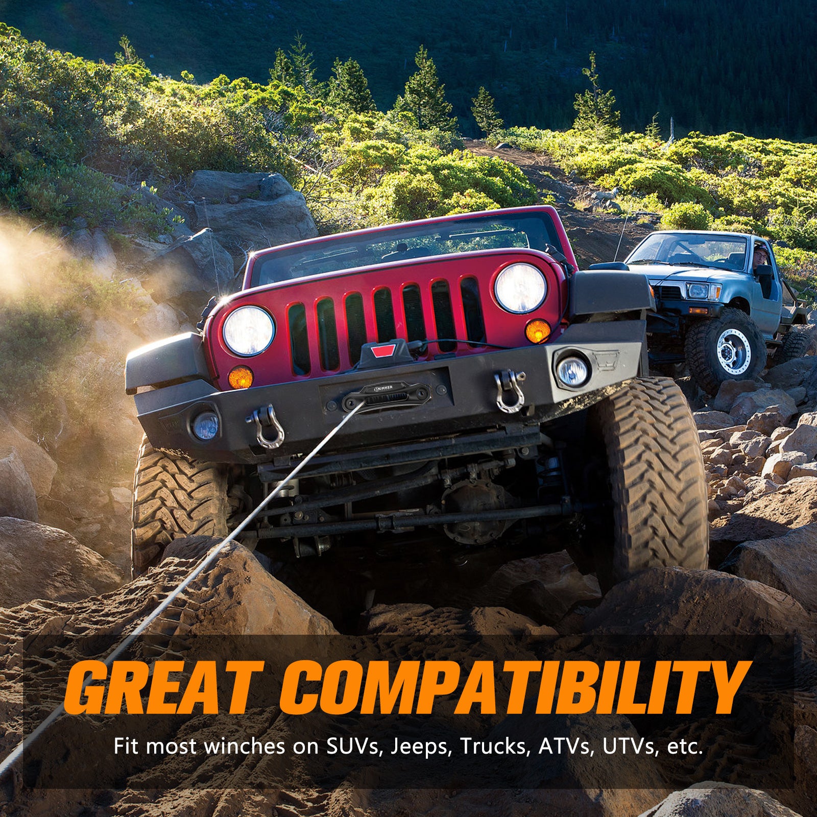 BUNKER INDUST Synthetic Winch Rope Kit,3/8" x 100' 23809LBS Winch Line Cable Replacement with Protective Sleeve+Winch Fairlead+Hook