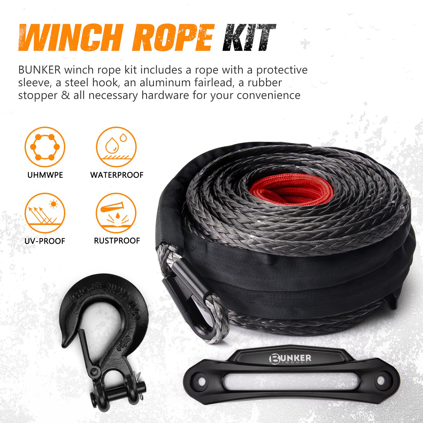 BUNKER INDUST Synthetic Winch Rope Kit,3/8" x 100' 23809LBS Winch Line Cable Replacement with Protective Sleeve+Winch Fairlead+Hook