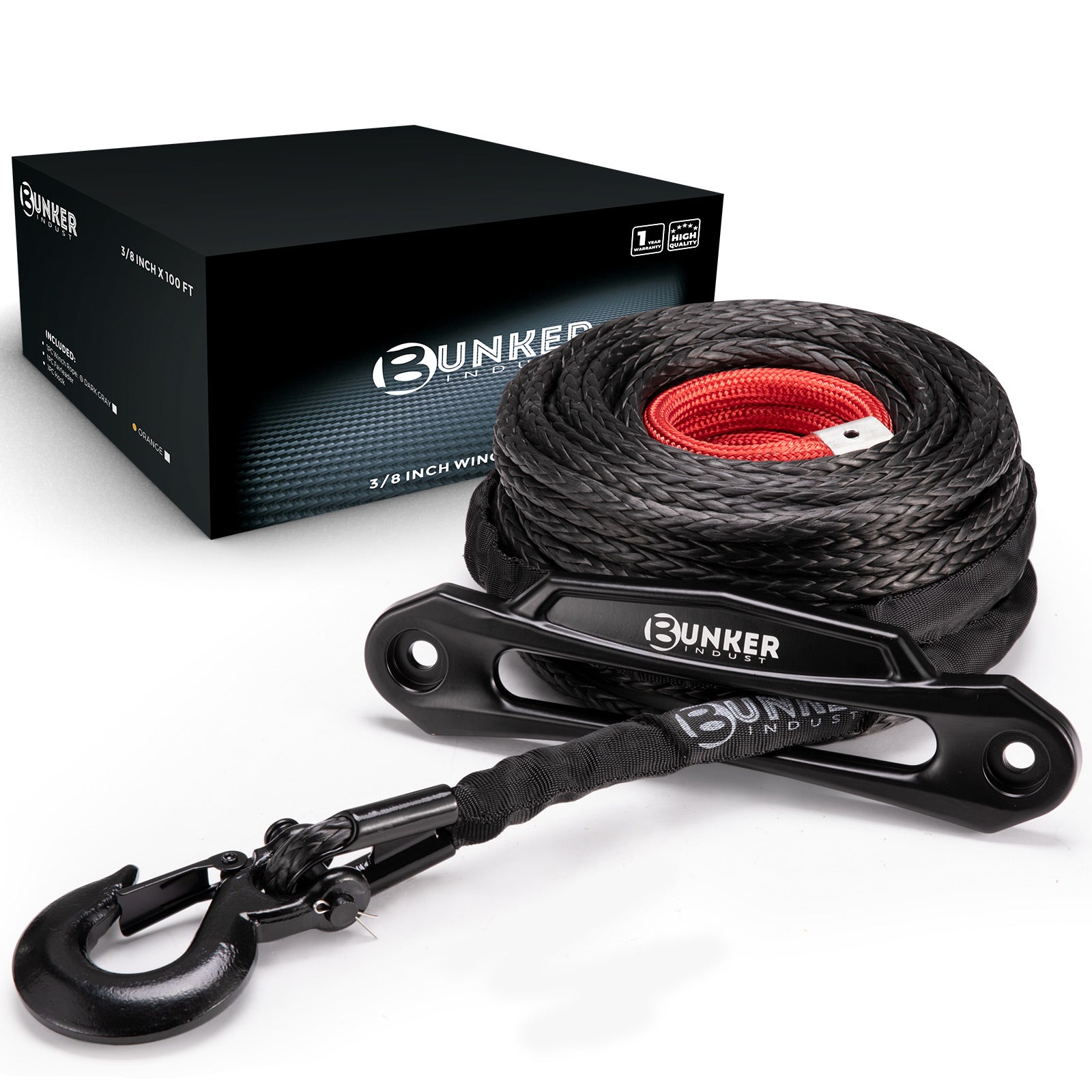 BUNKER INDUST Synthetic Winch Rope Kit,3/8" x 100' 23809LBS Winch Line Cable Replacement with Protective Sleeve+Winch Fairlead+Hook