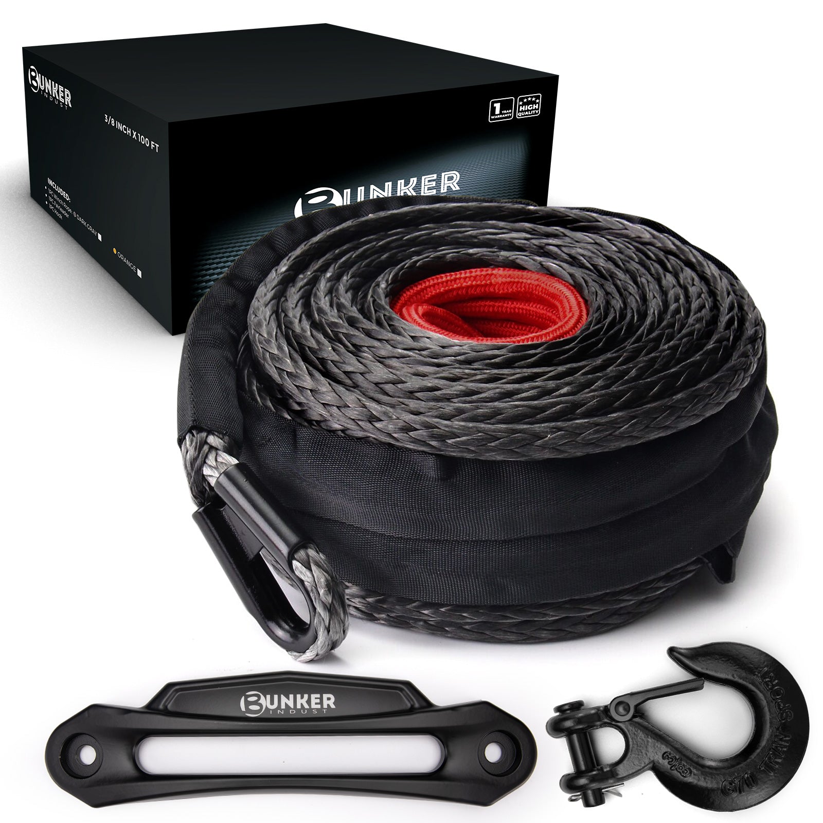 BUNKER INDUST Synthetic Winch Rope Kit,3/8" x 100' 23809LBS Winch Line Cable Replacement with Protective Sleeve+Winch Fairlead+Hook