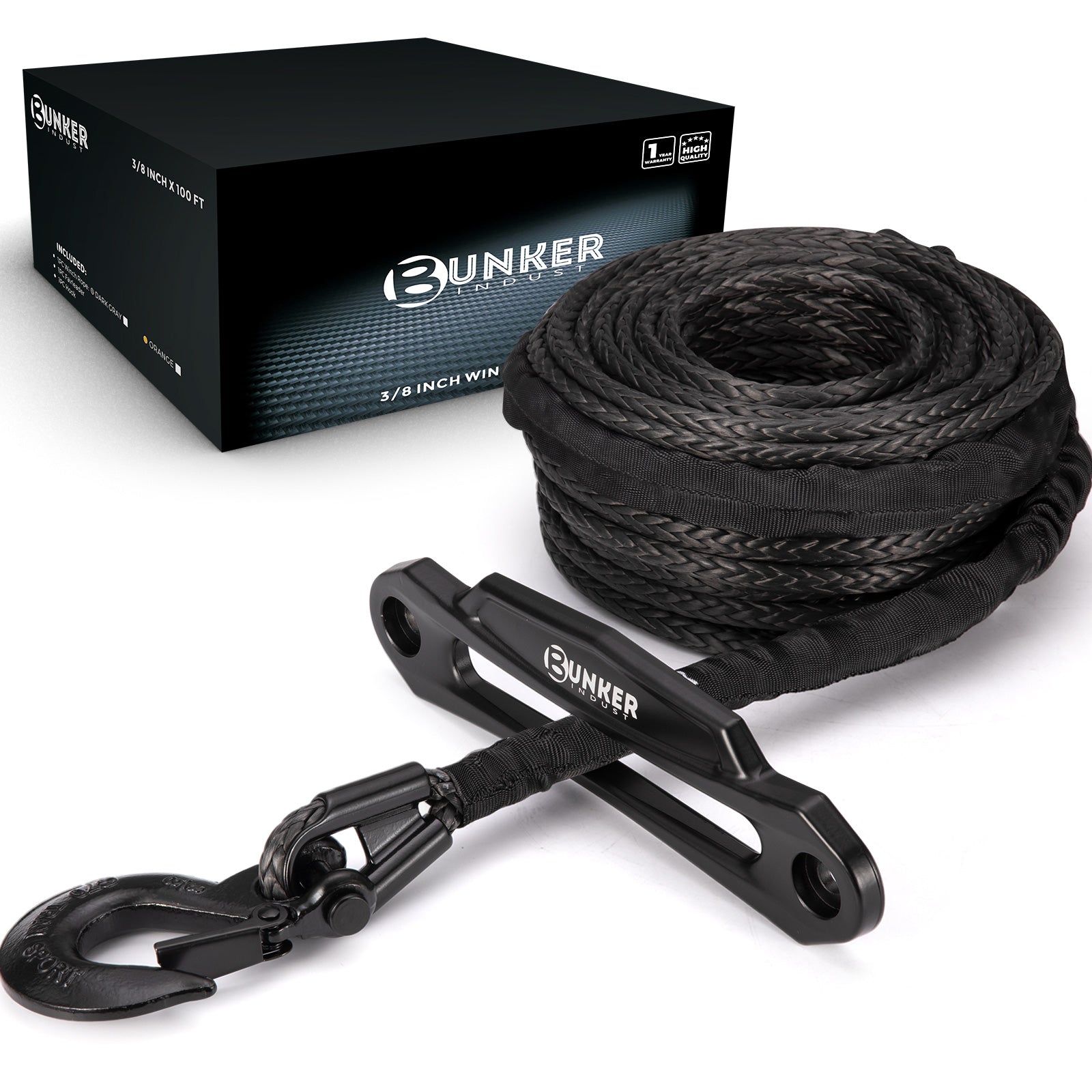 BUNKER INDUST Synthetic Winch Rope Kit,3/8" x 100' 23809LBS Winch Line Cable Replacement with Protective Sleeve+Winch Fairlead+Hook
