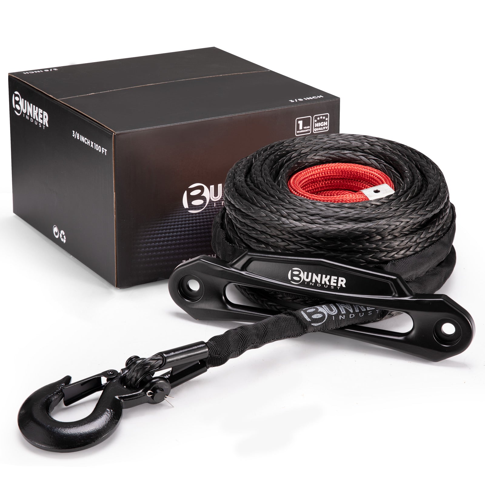 BUNKER INDUST Synthetic Winch Rope Kit,3/8" x 100' 23809LBS Winch Line Cable Replacement with Protective Sleeve+Winch Fairlead+Hook